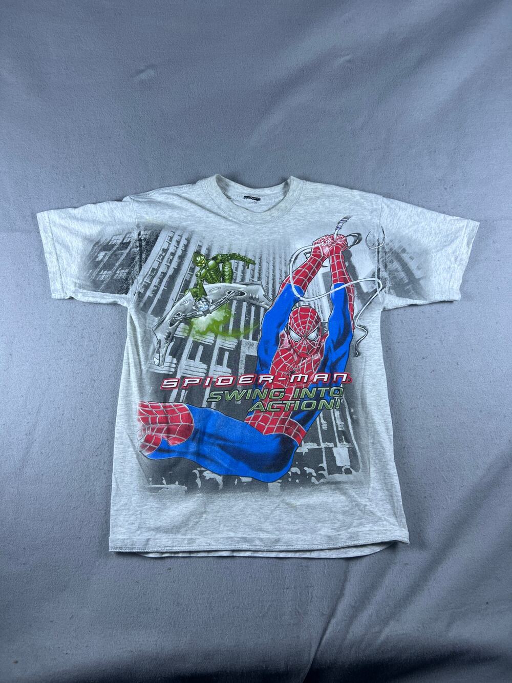 Vintage Y2K 2002 Spider-Man T-Shirt Youth M Gray Green Goblin Swing into Action